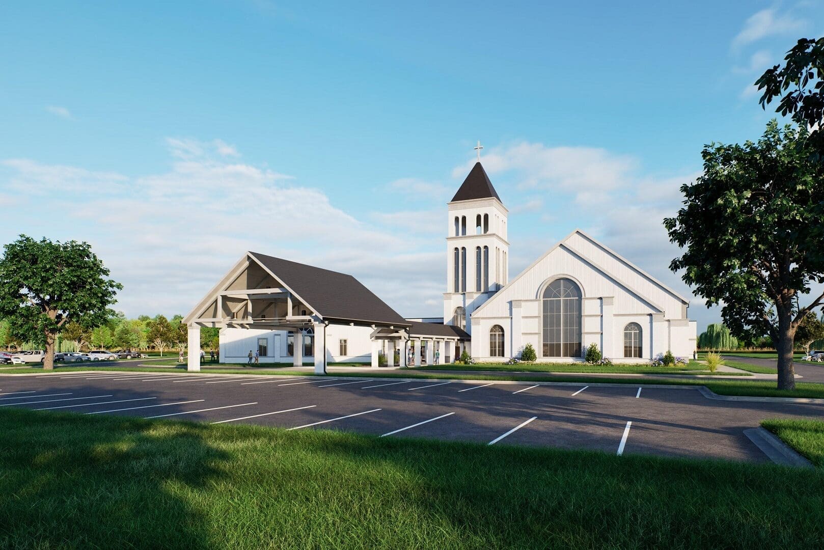 Modern white church with bell tower.