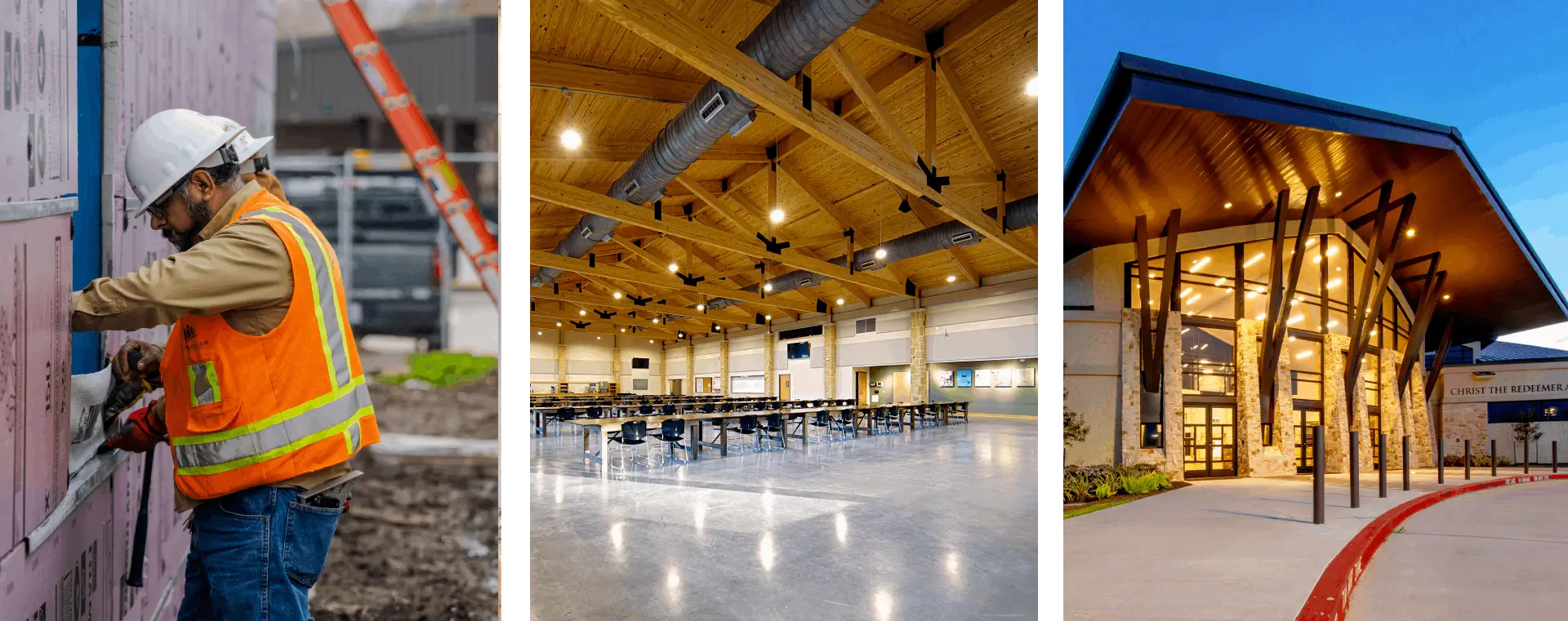 Construction worker, spacious interior, modern building exterior.