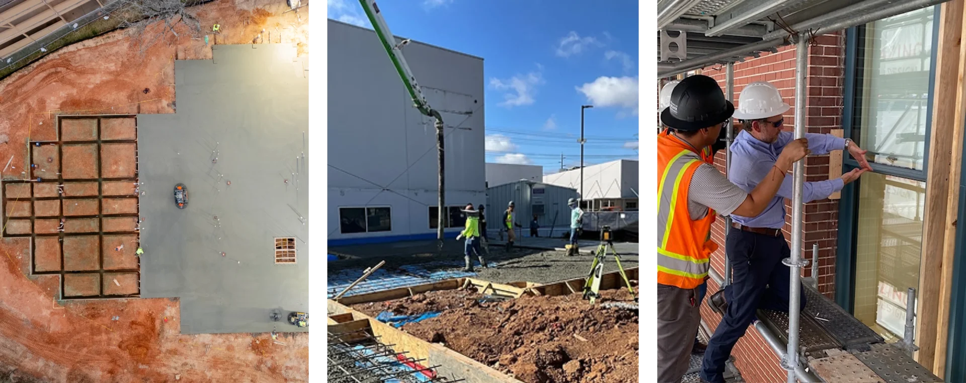 Construction process: foundation, pouring concrete, window installation.
