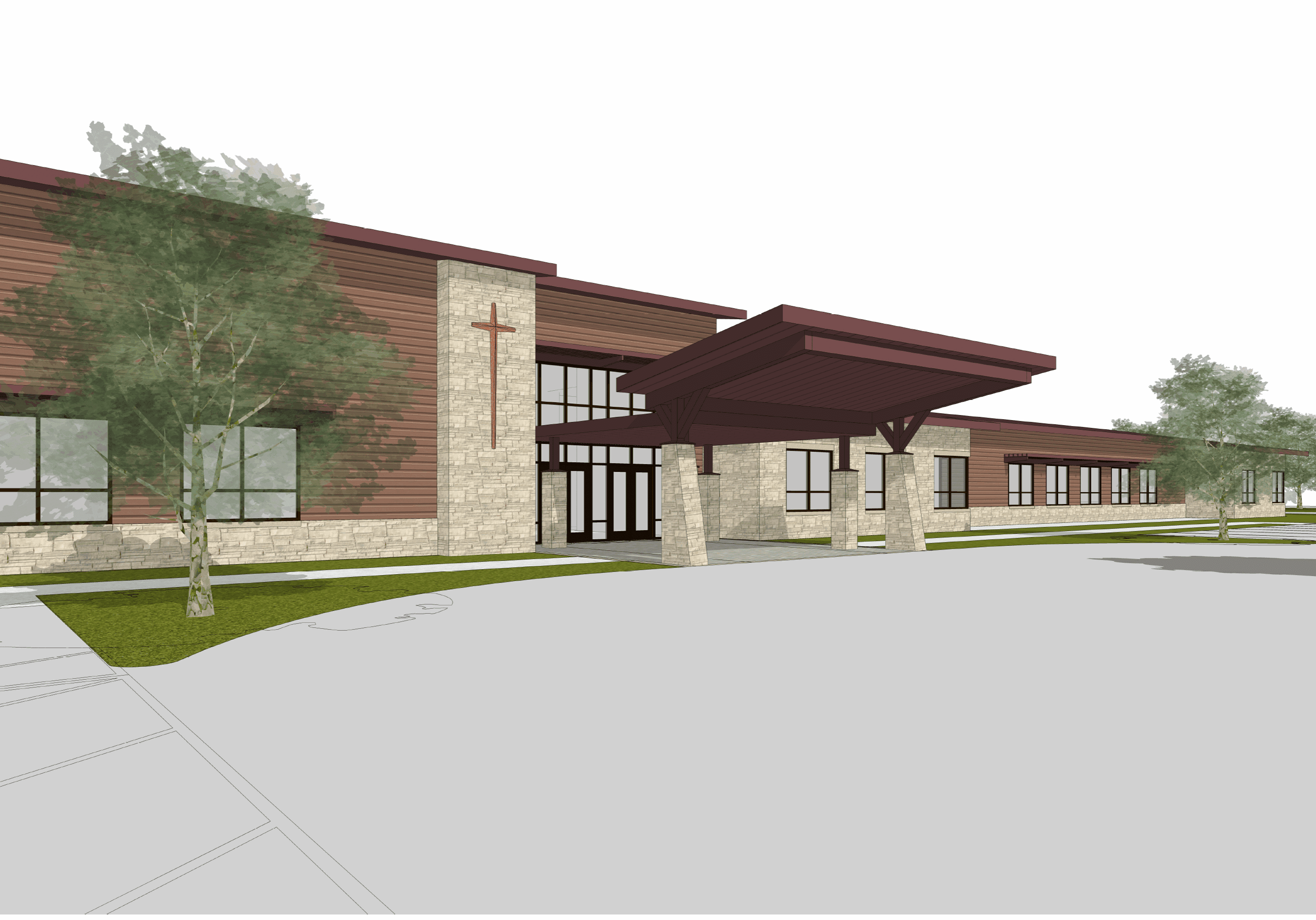 Modern building with large entrance and trees.