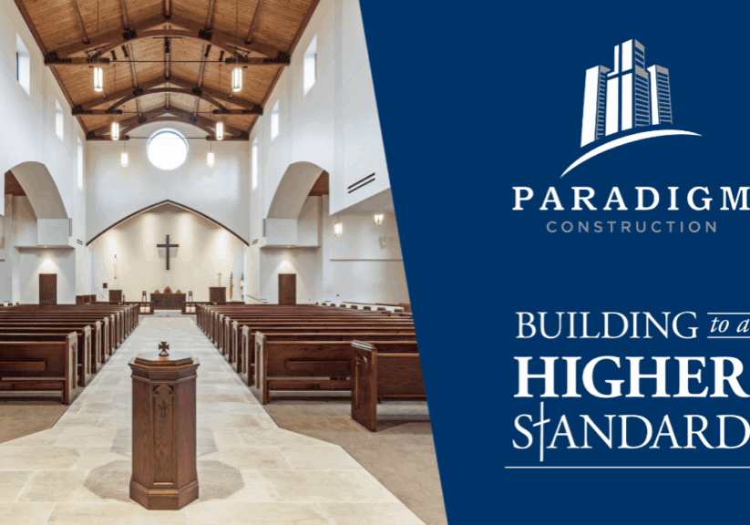 Church interior with Paradigm Construction branding.